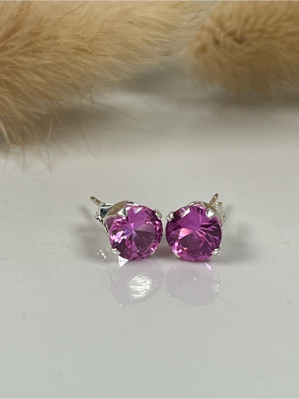 Solid Sterling Silver Pink Sapphire Gemstone Stud Post Back Earrings - Picture 5 of 5